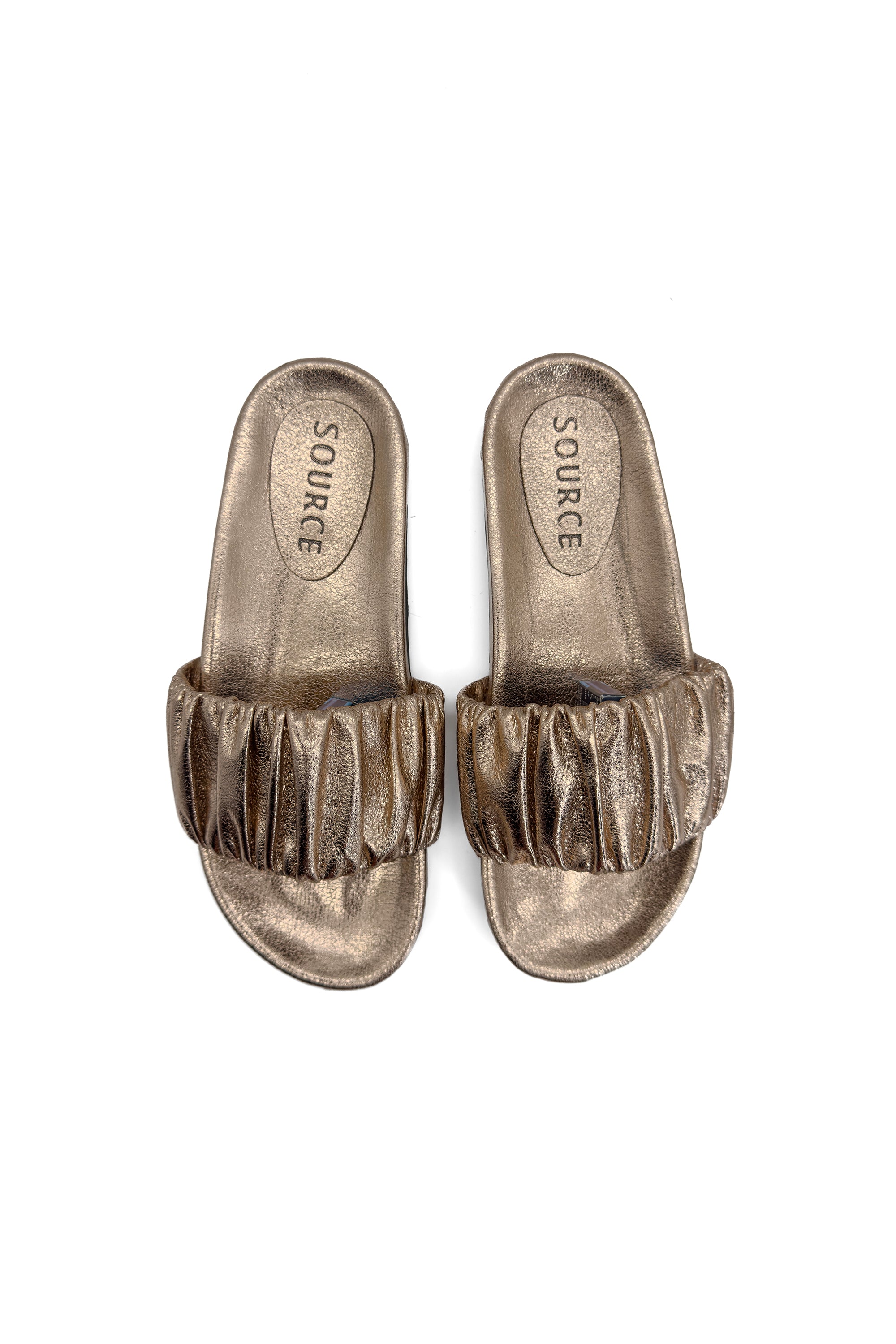 Ruched Bronze Glam Slides Source