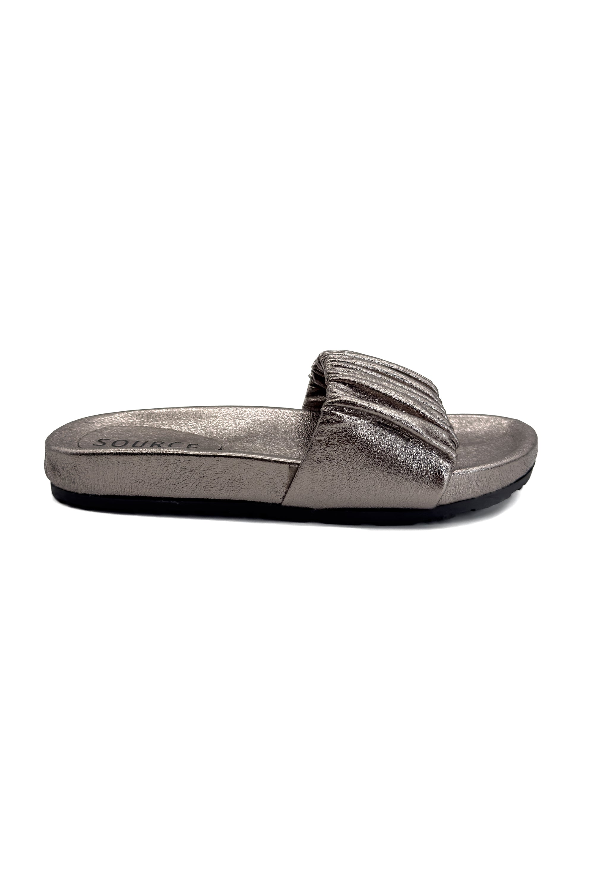 Metallic Smoke Ruched Slides Source