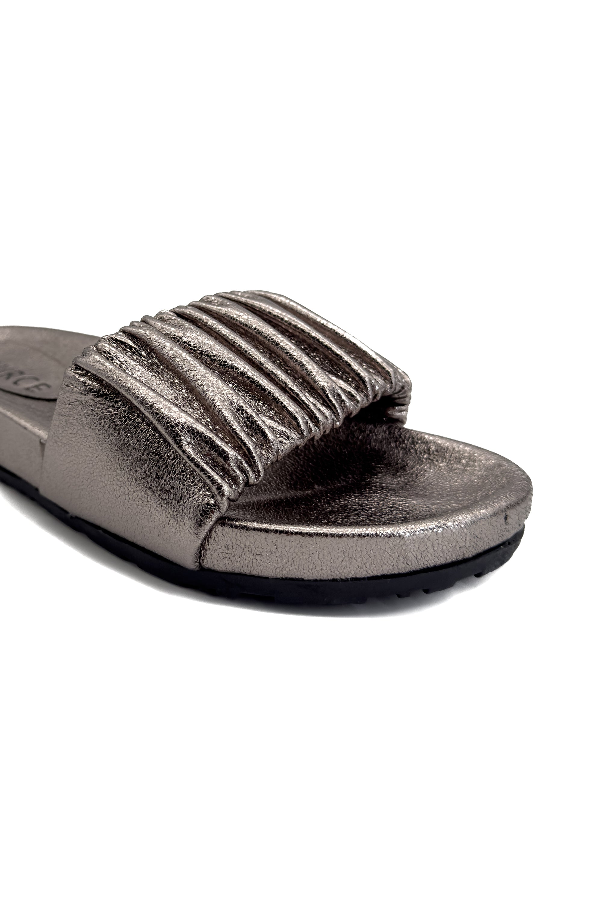 Metallic Smoke Ruched Slides Source