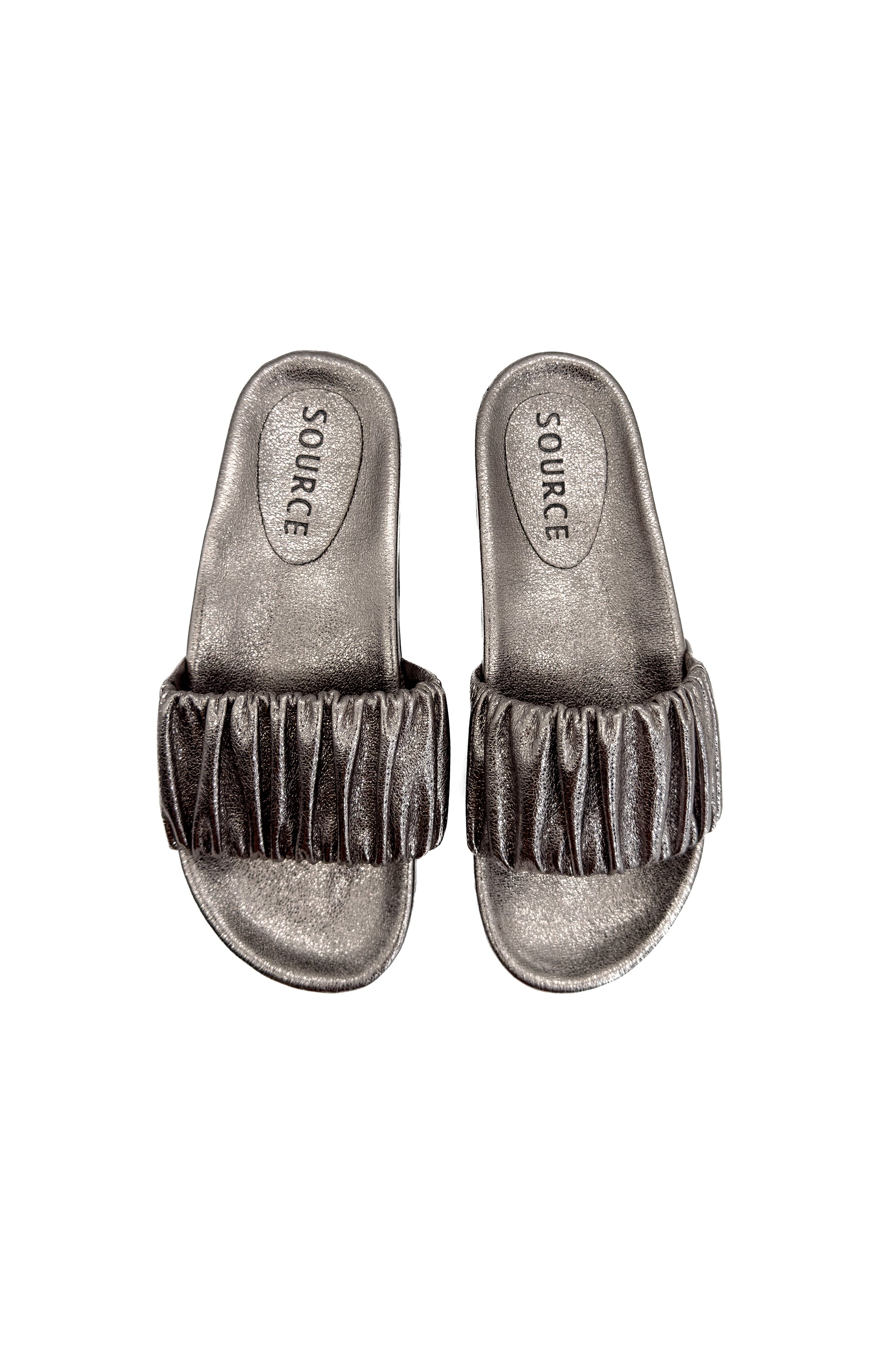 Metallic Smoke Ruched Slides Source