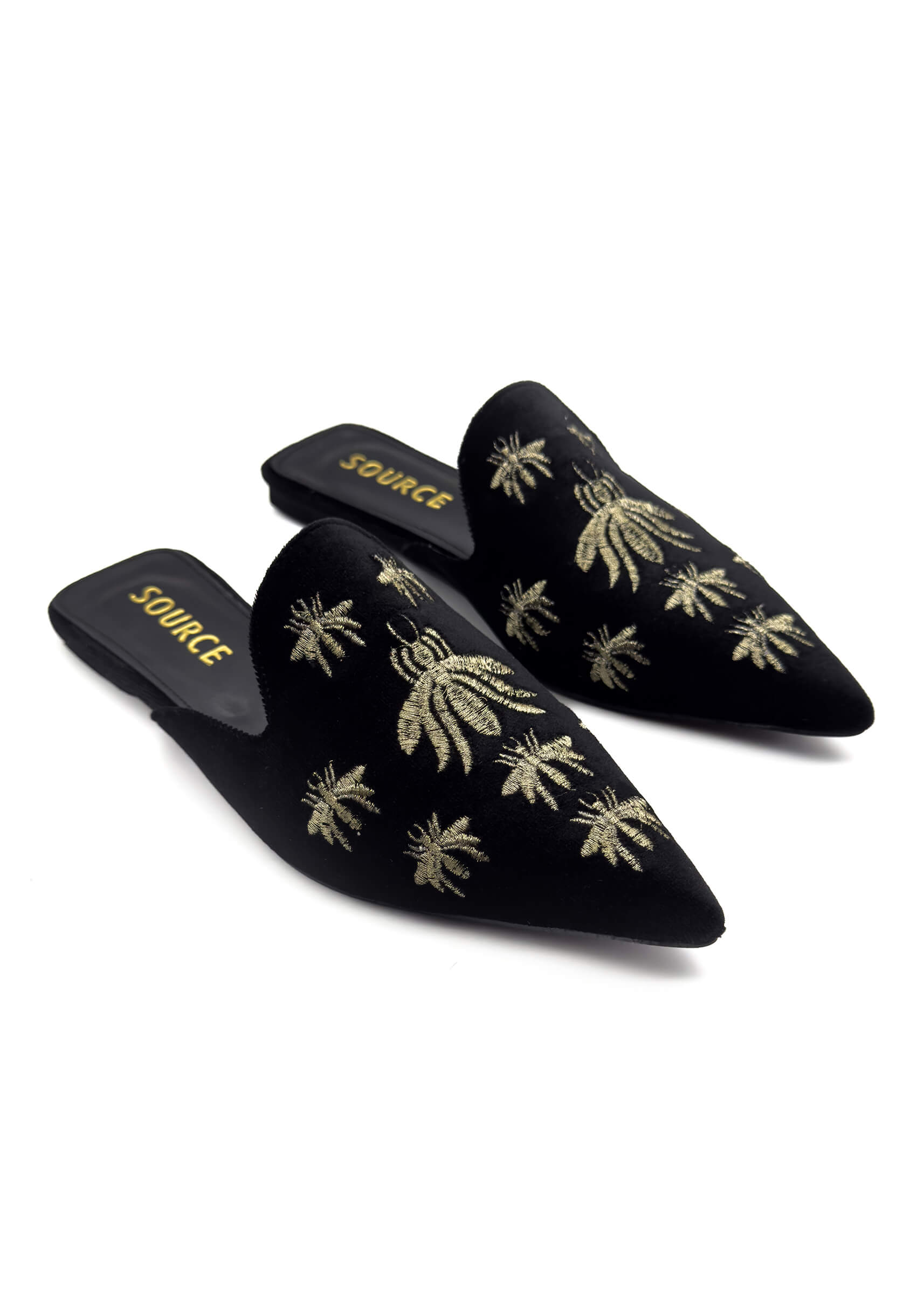Black Isabelle Velvet Embroidered Slides Source
