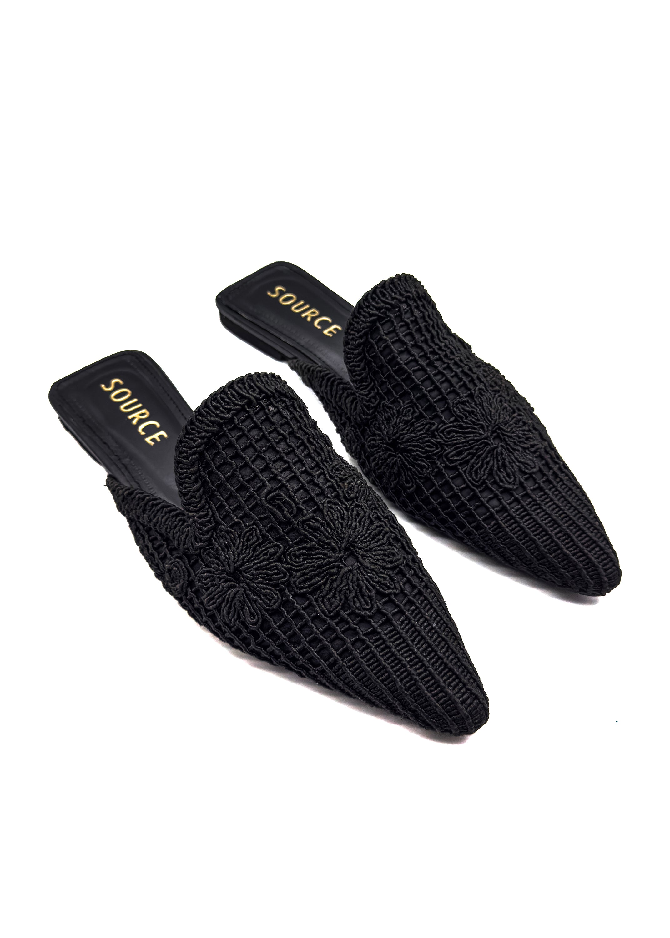 Black Bloom Embroidered Pointed Mules Source