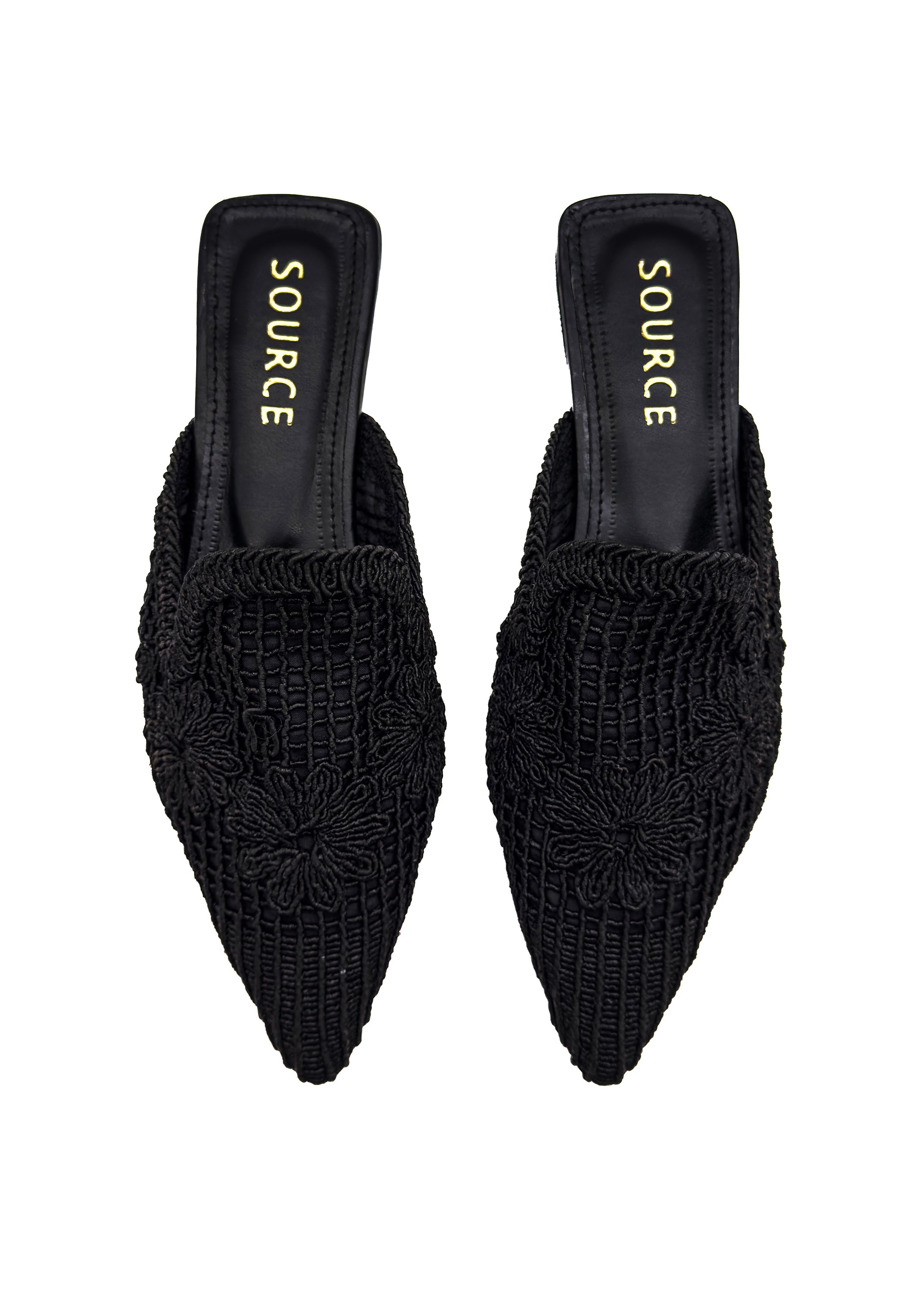 Black Bloom Embroidered Pointed Mules Source