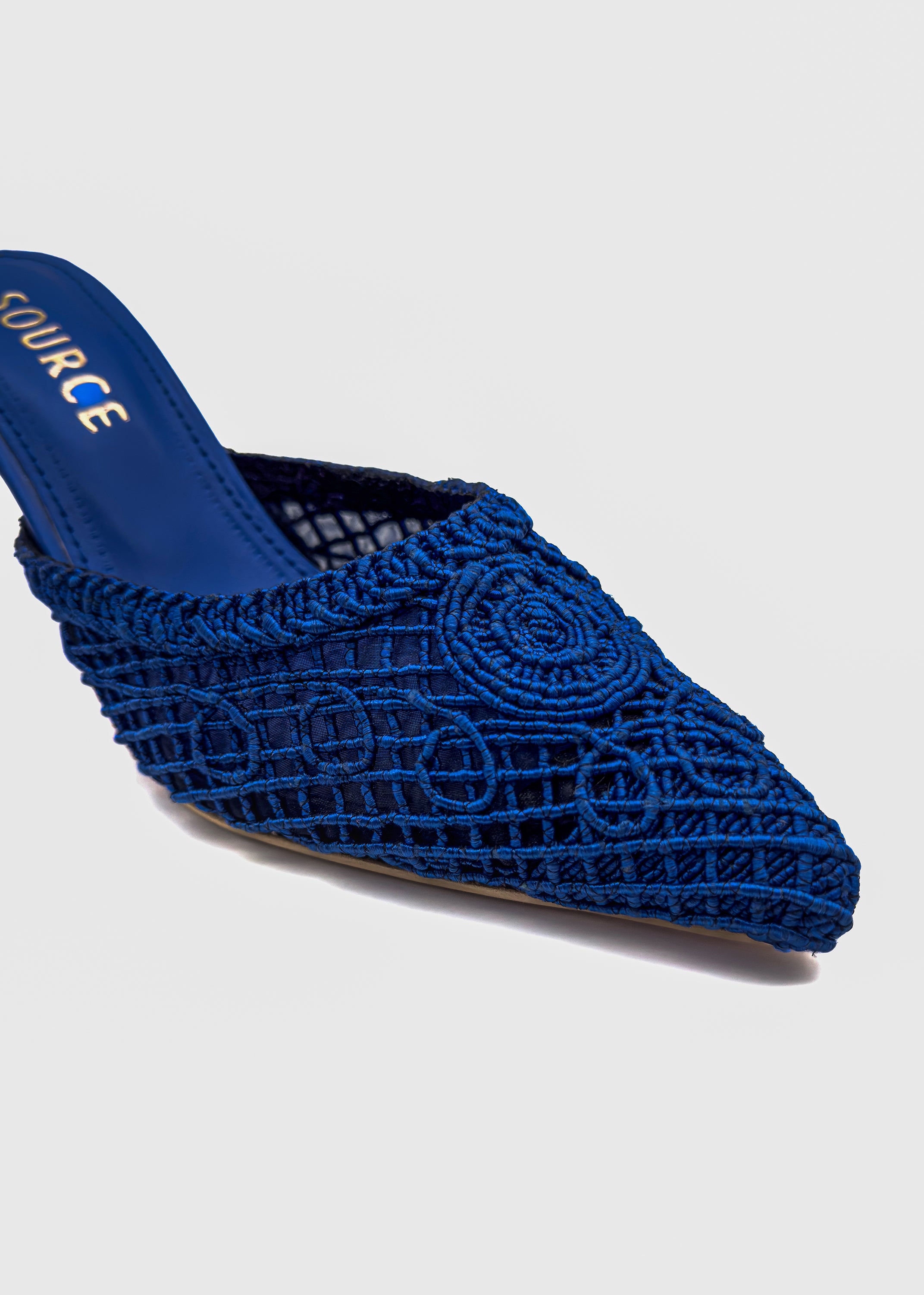 Electric Lace Heeled Mules in Royal Blue Source