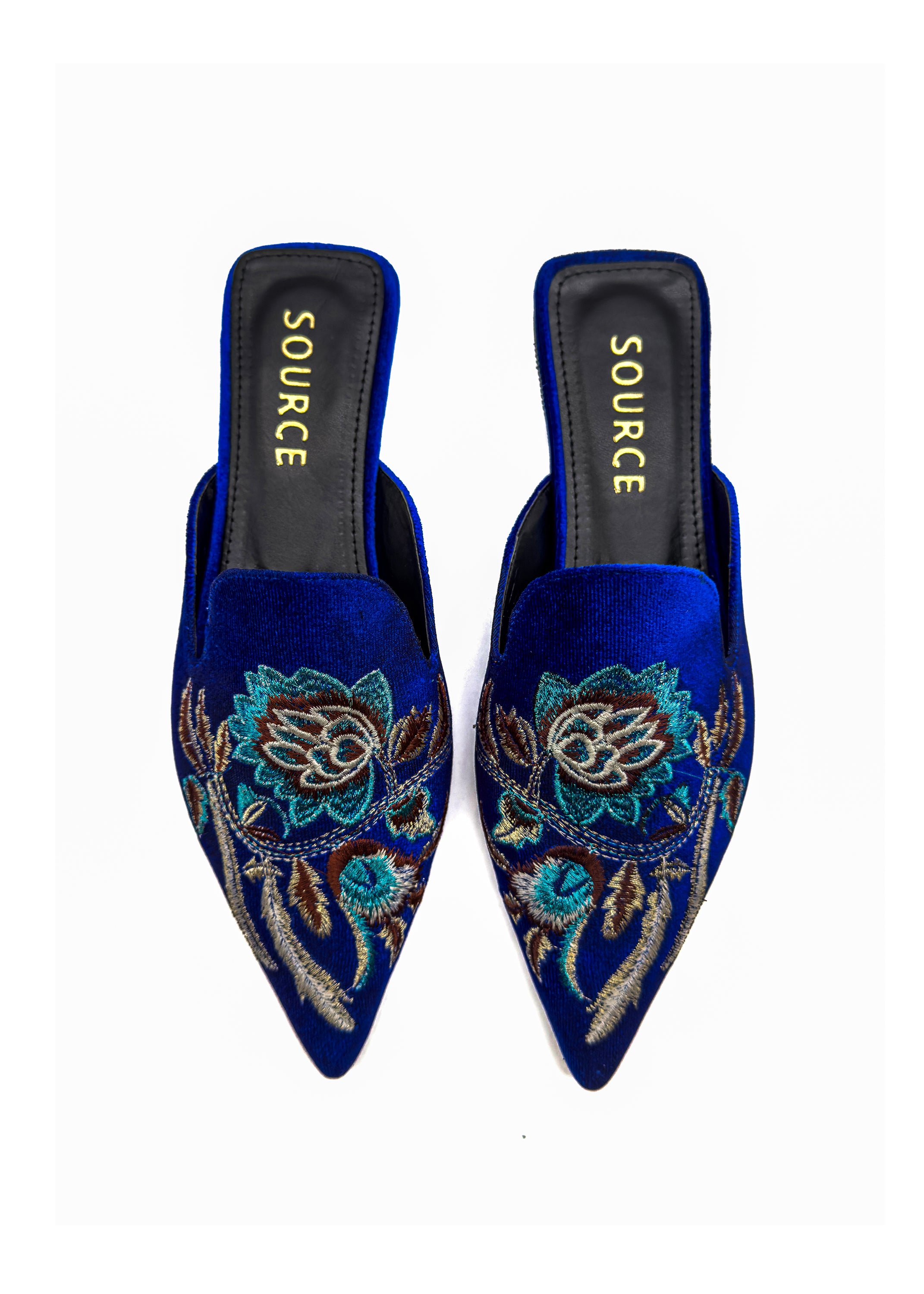 Velvet Bloom Embroidered Mules in Royal Blue Source