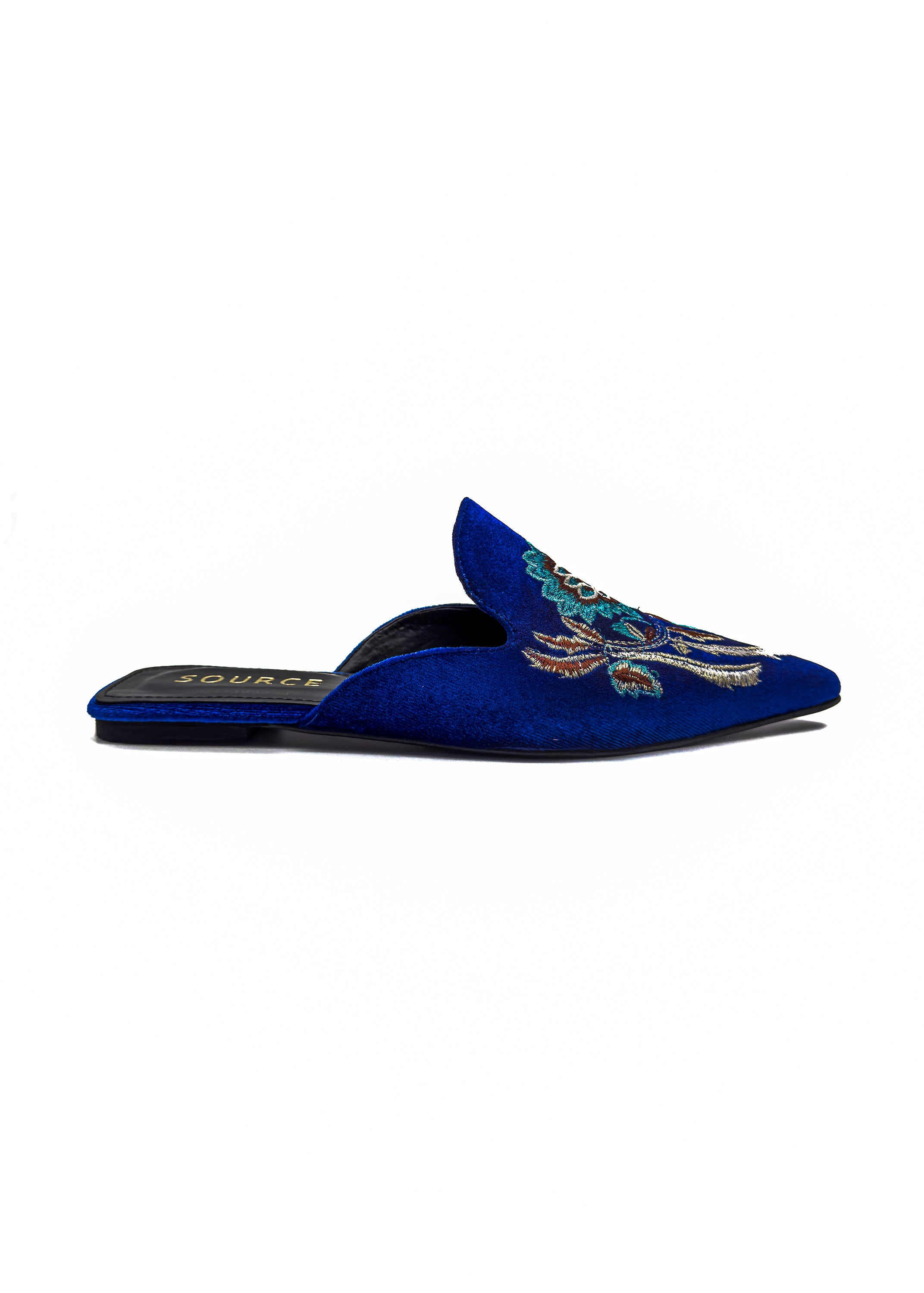 Velvet Bloom Embroidered Mules in Royal Blue Source