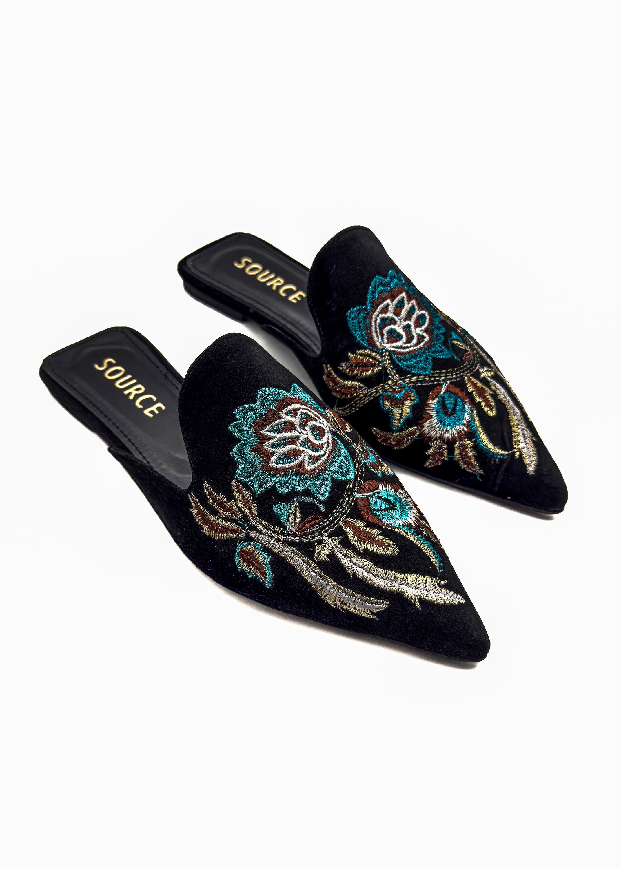 Black Velvet Bloom Embroidered Mules Source