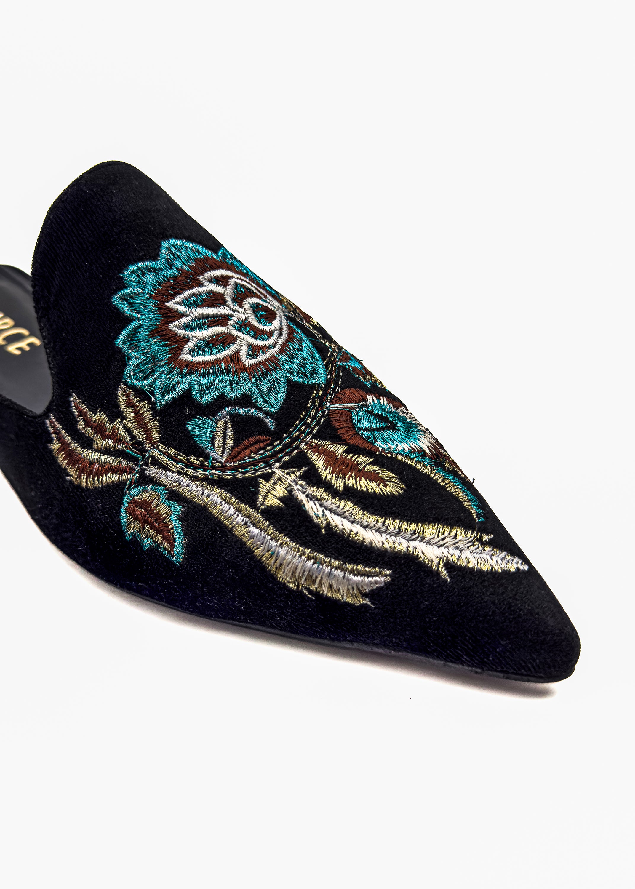 Black Velvet Bloom Embroidered Mules Source