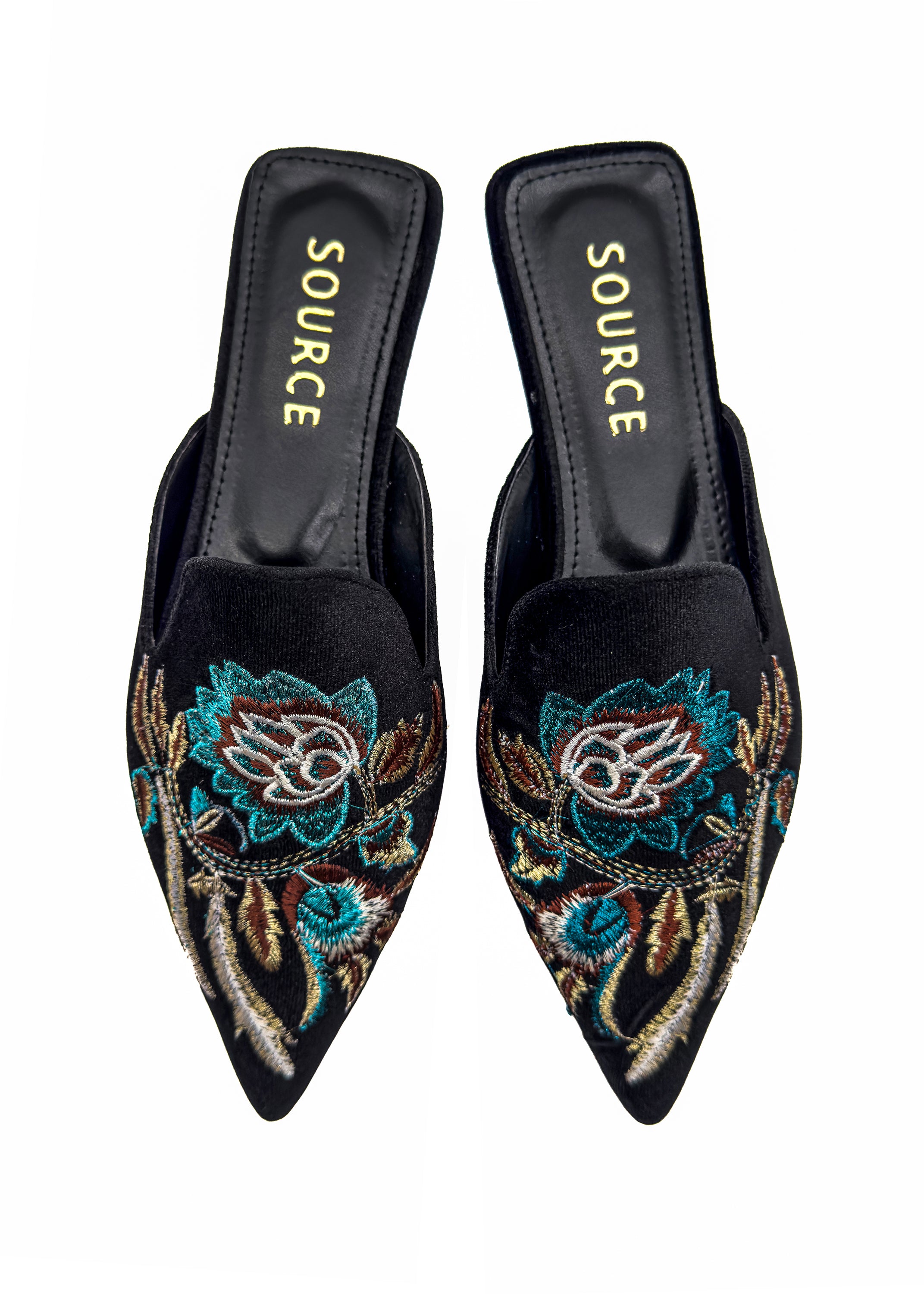Black Velvet Bloom Embroidered Mules Source