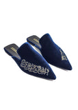 Velvet Calligraphy Mules in Midnight Blue Source