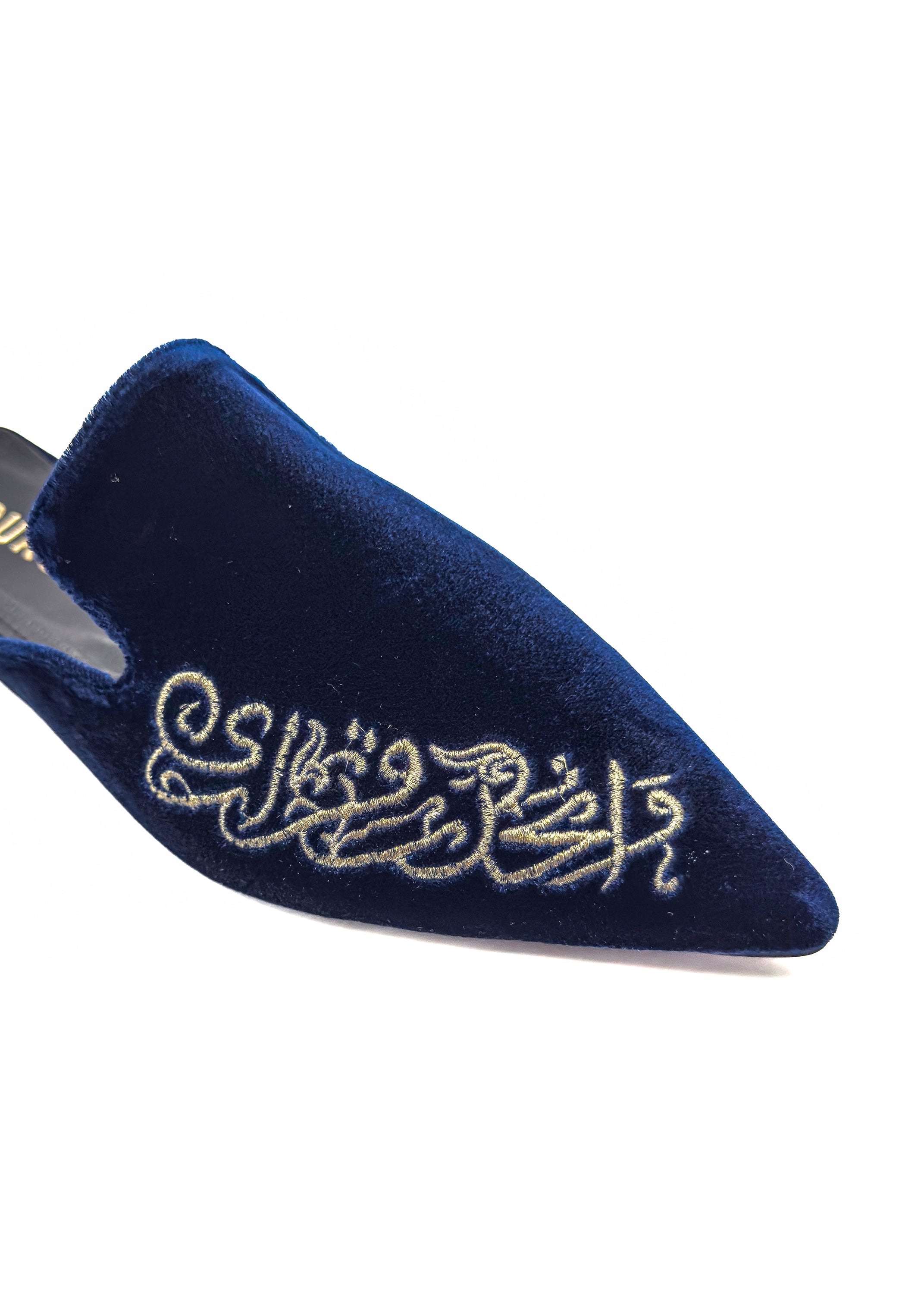 Velvet Calligraphy Mules in Midnight Blue Source