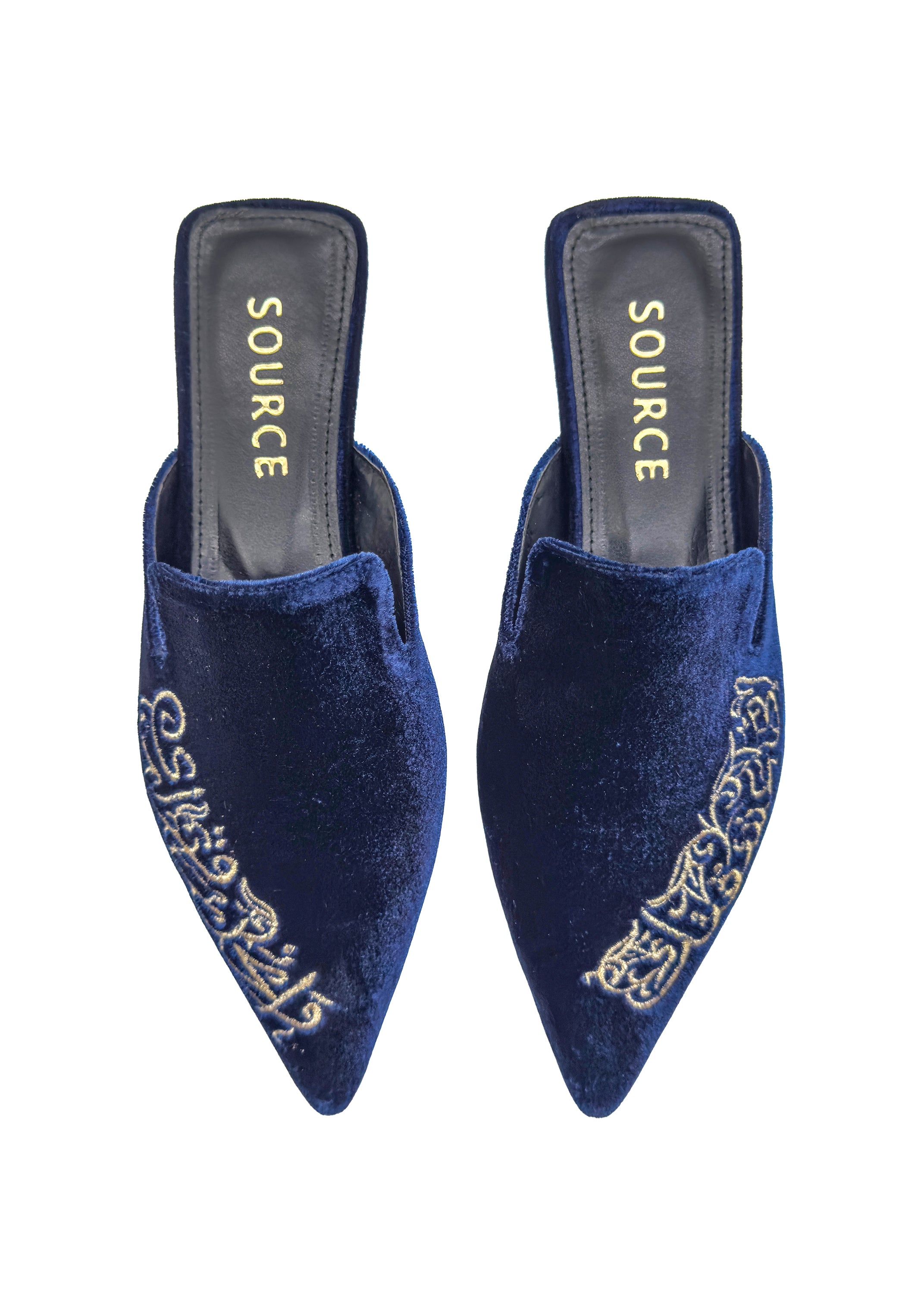 Velvet Calligraphy Mules in Midnight Blue Source