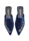 Velvet Calligraphy Mules in Midnight Blue Source