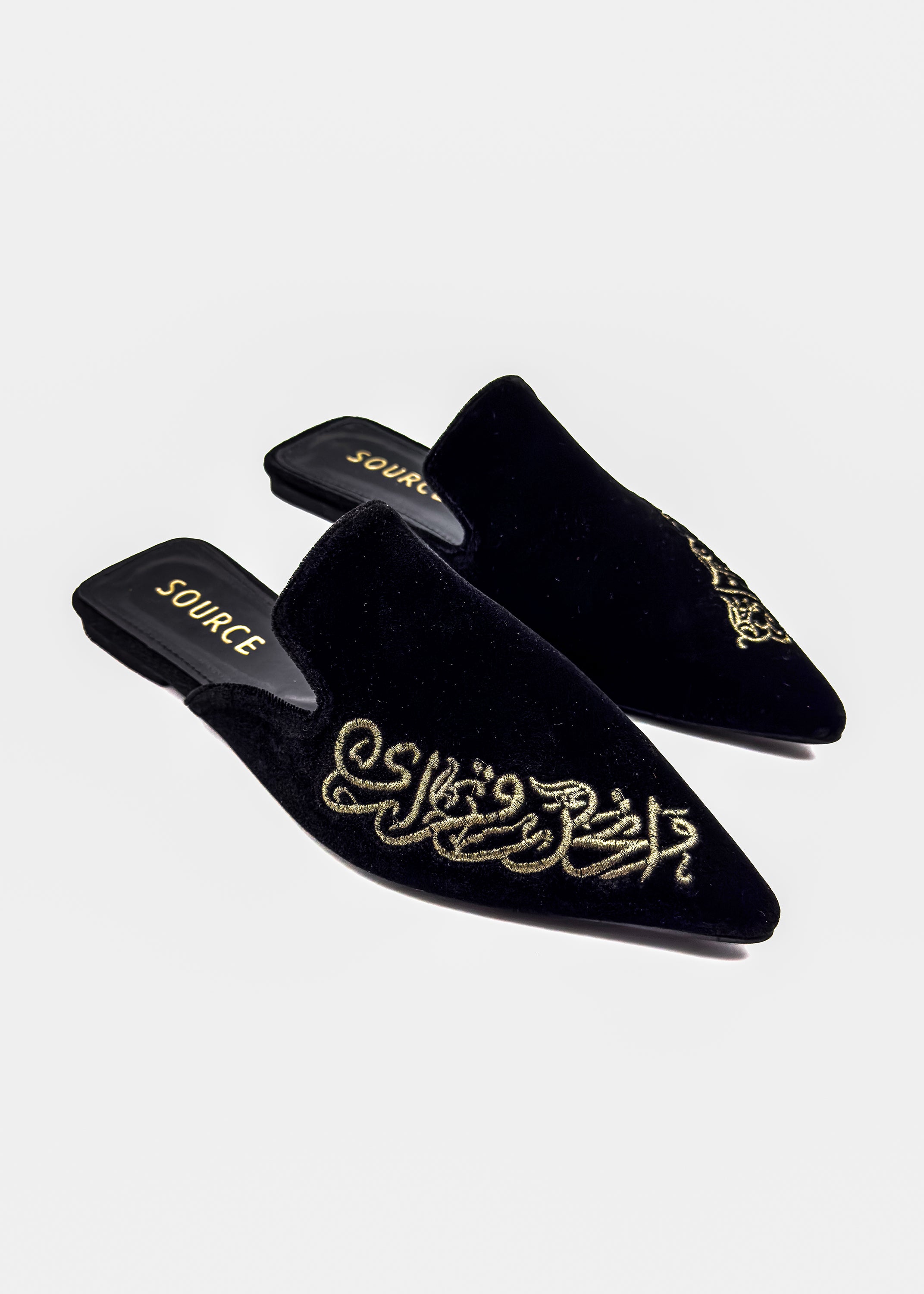 Black Velvet Script Embroidered Mules Source