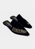 Black Velvet Script Embroidered Mules Source
