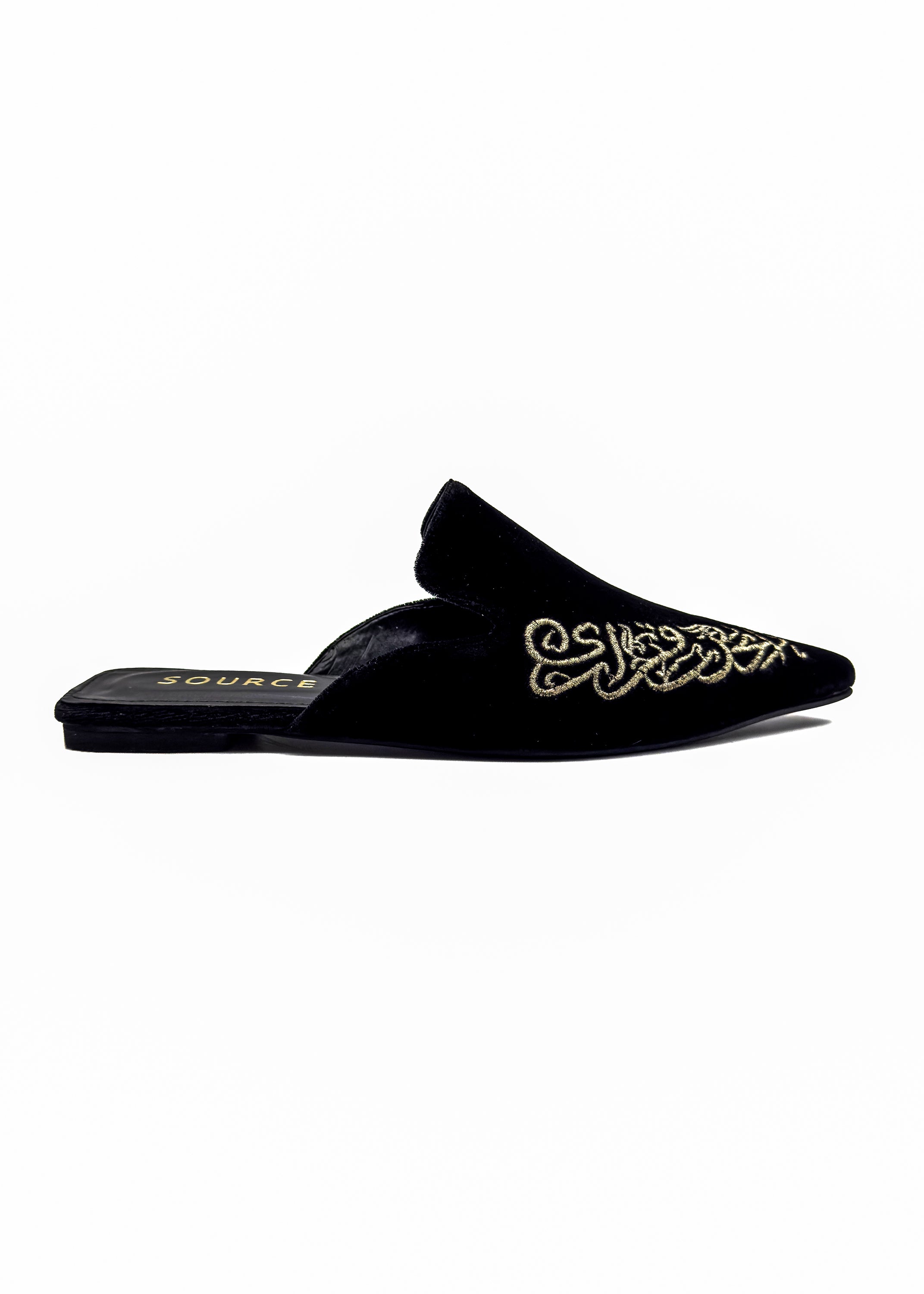 Black Velvet Script Embroidered Mules Source