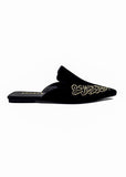 Black Velvet Script Embroidered Mules Source