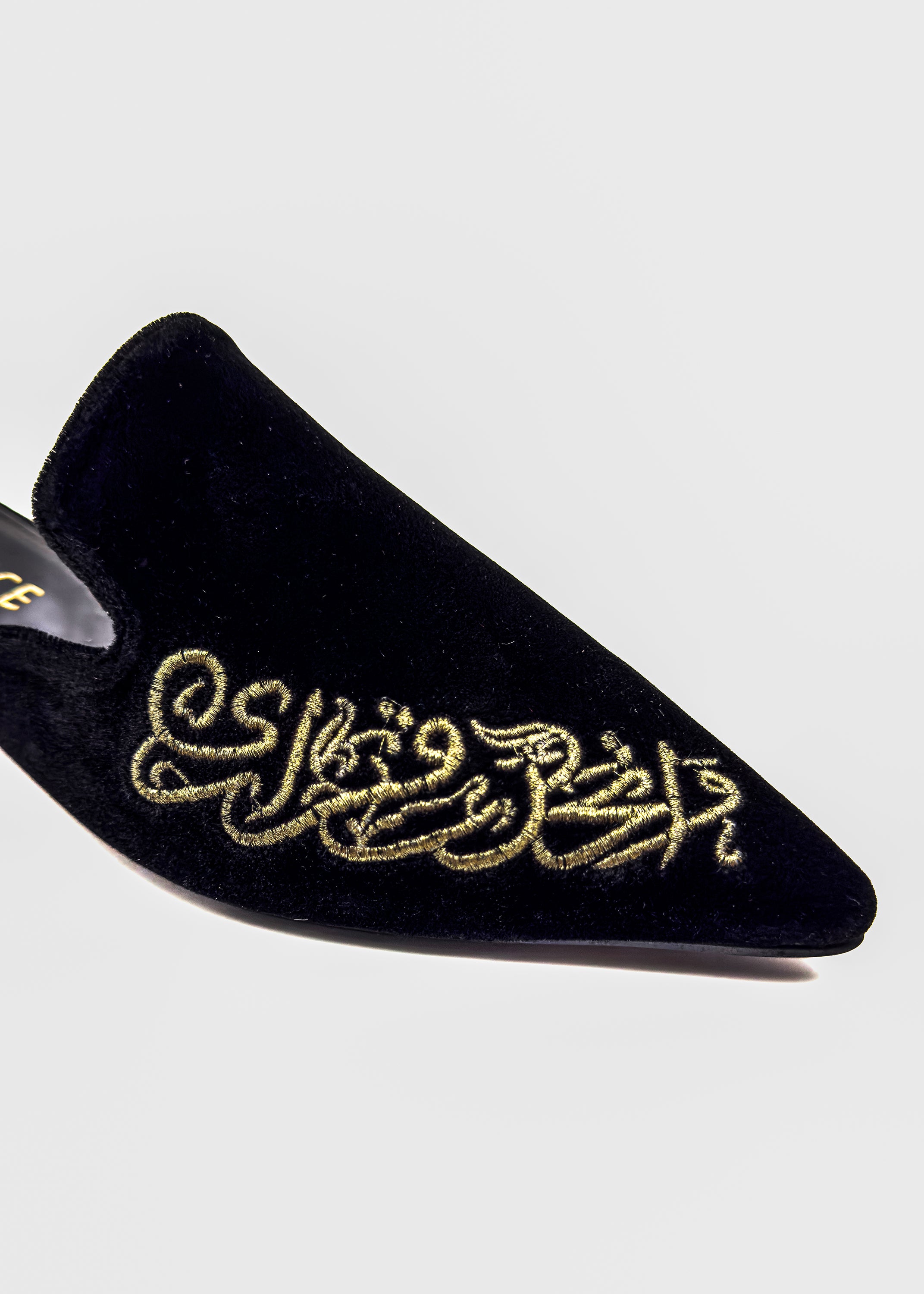 Black Velvet Script Embroidered Mules Source