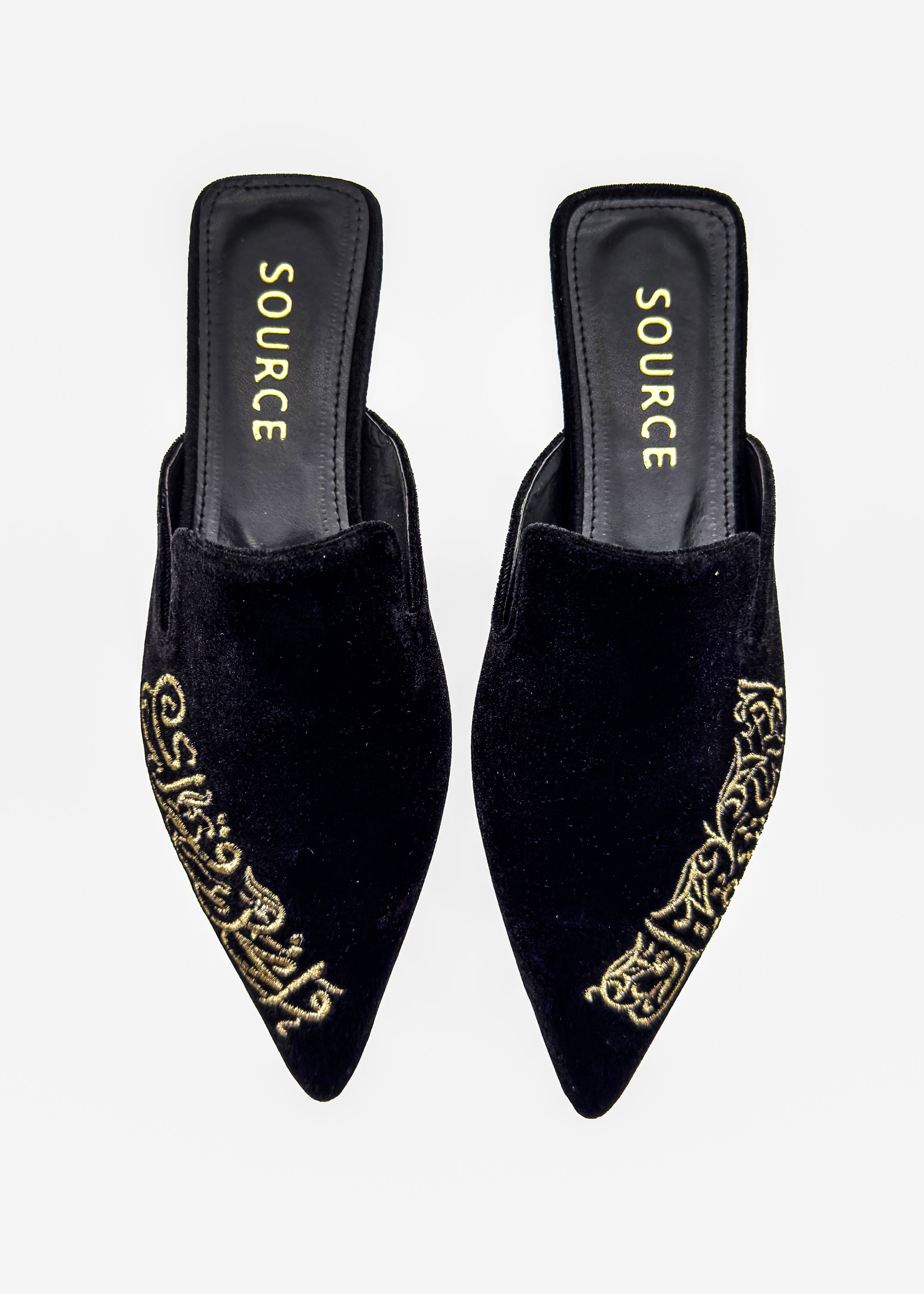 Black Velvet Script Embroidered Mules Source