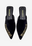 Black Velvet Script Embroidered Mules Source