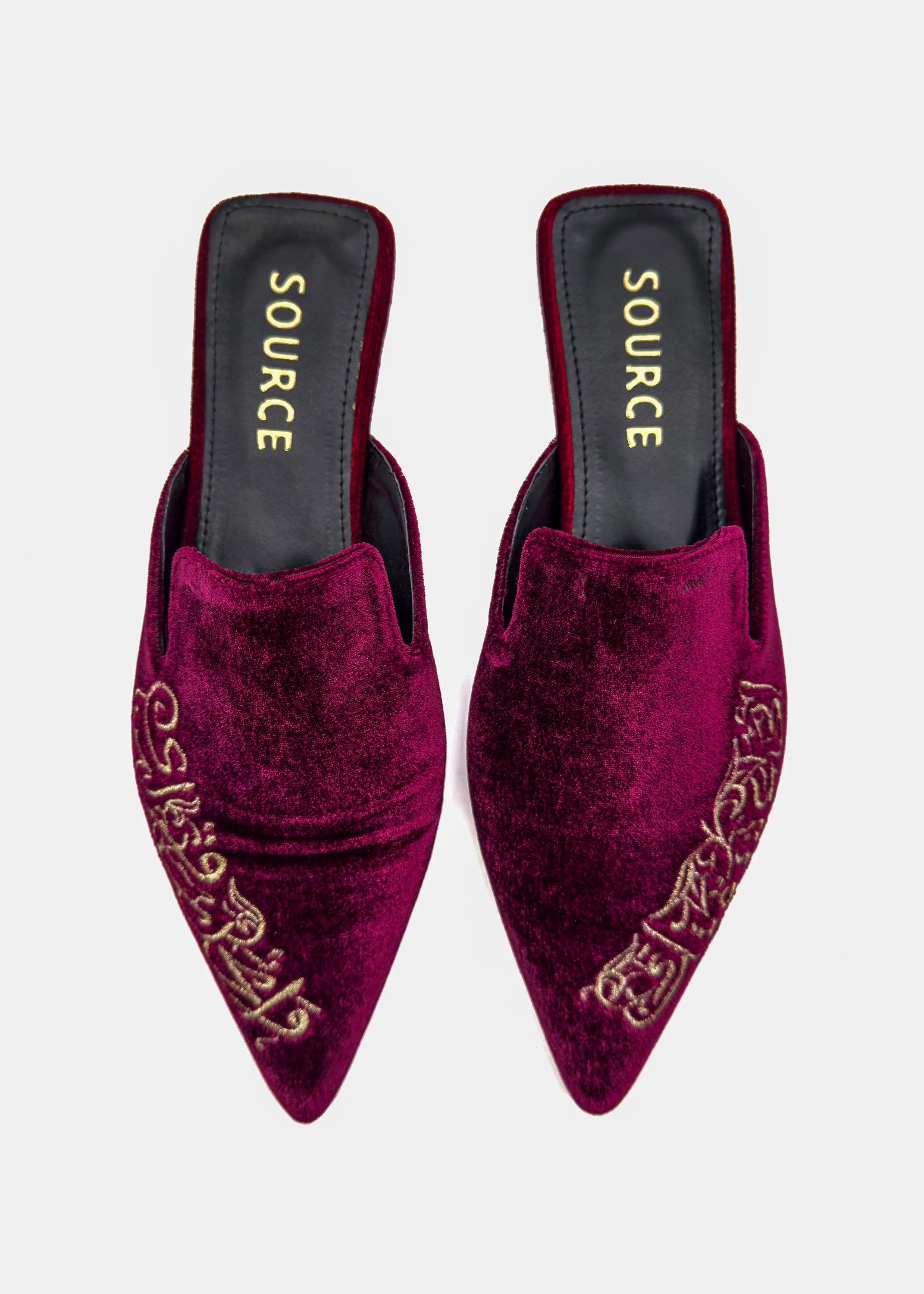 Velvet Rouge Calligraphy Mules Source