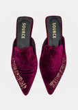 Velvet Rouge Calligraphy Mules Source