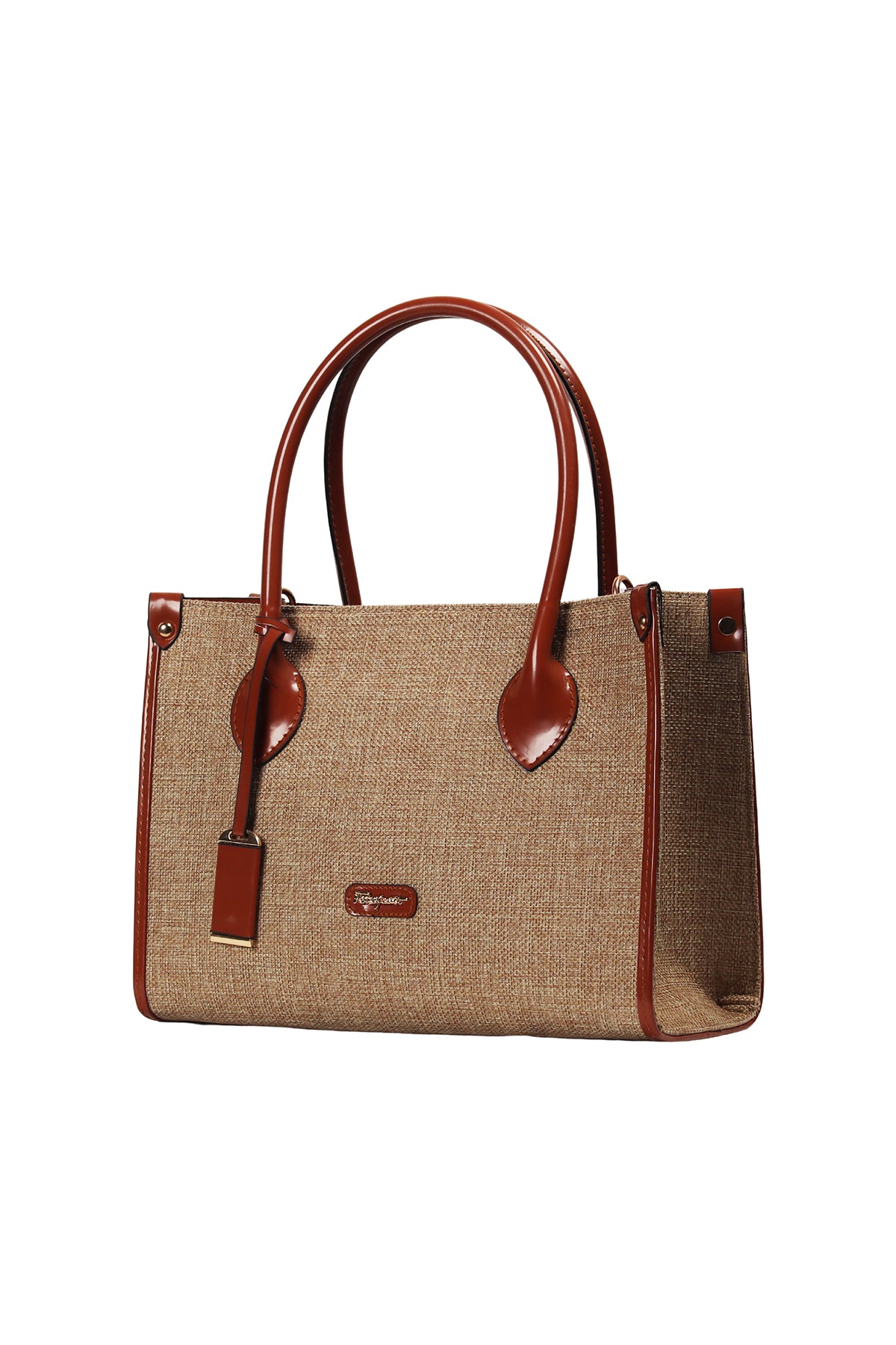 Cognac Trimmed Linen Handbag Source