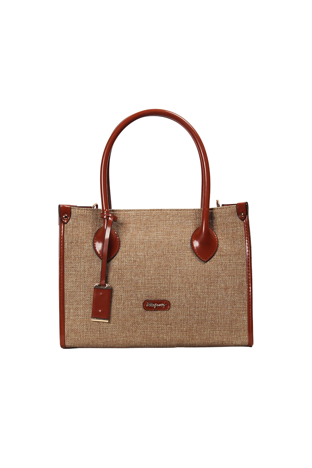 Cognac Trimmed Linen Handbag Source