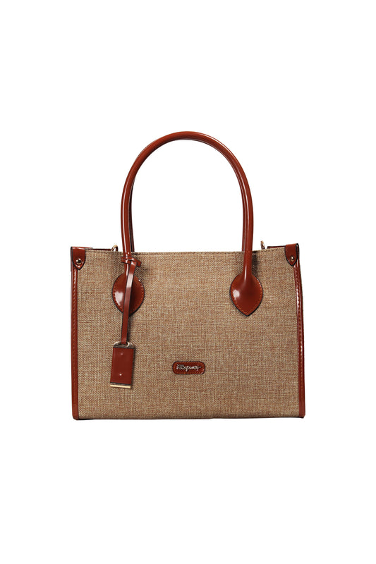 Cognac Trimmed Linen Handbag Source